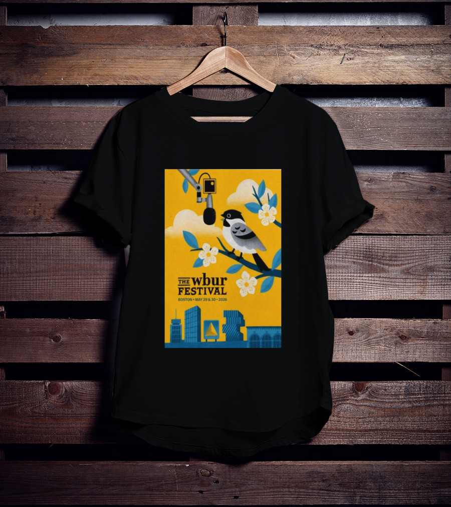 The Wbur Festival Boston 2026 Yellow Bird Microphone Urban Skyline T-Shirt