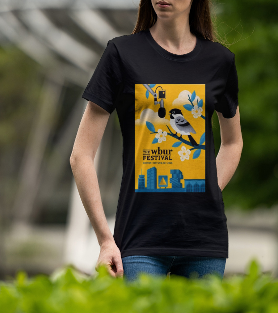 The Wbur Festival Boston 2026 Yellow Bird Microphone Urban Skyline T-Shirt