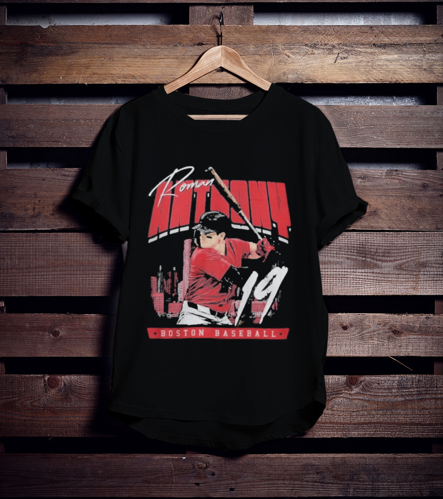Roman Anthony 19 Boston Baseball Skyline Batting Scene T-Shirt