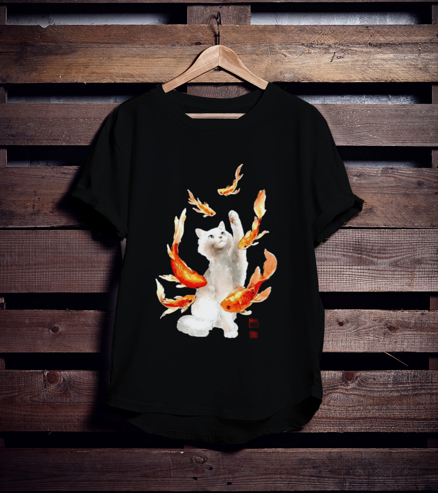 Playful White Cat Surrounded By Goldfish T-Shirt