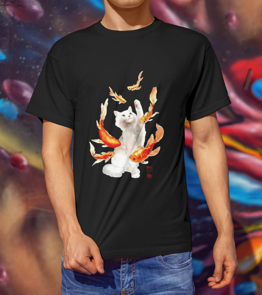 Playful White Cat Surrounded By Goldfish T-Shirt