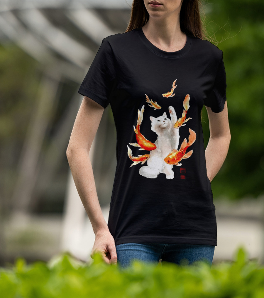 Playful White Cat Surrounded By Goldfish T-Shirt