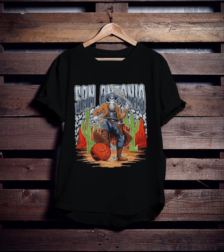 San Antonio Skeleton Cowboy With Basketball And Cactus Scene T-Shirt