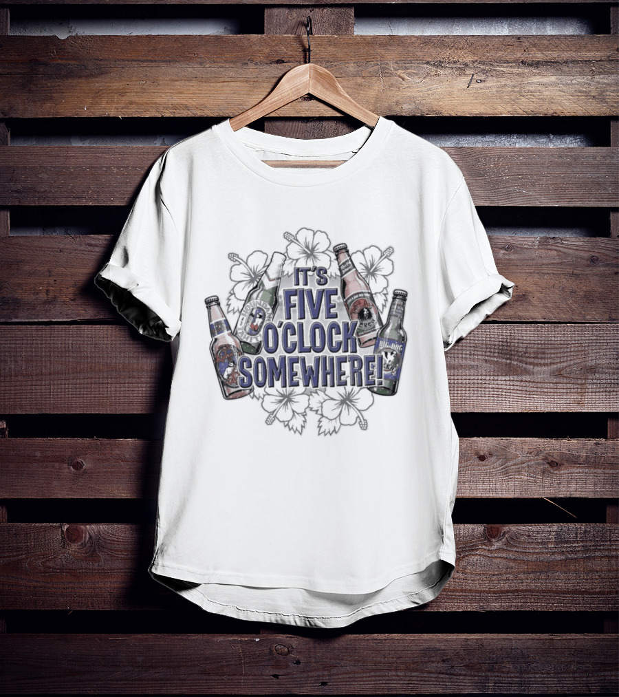 It's Five O' Somewhere Beer Bottles And Tropical Flowers T-Shirt