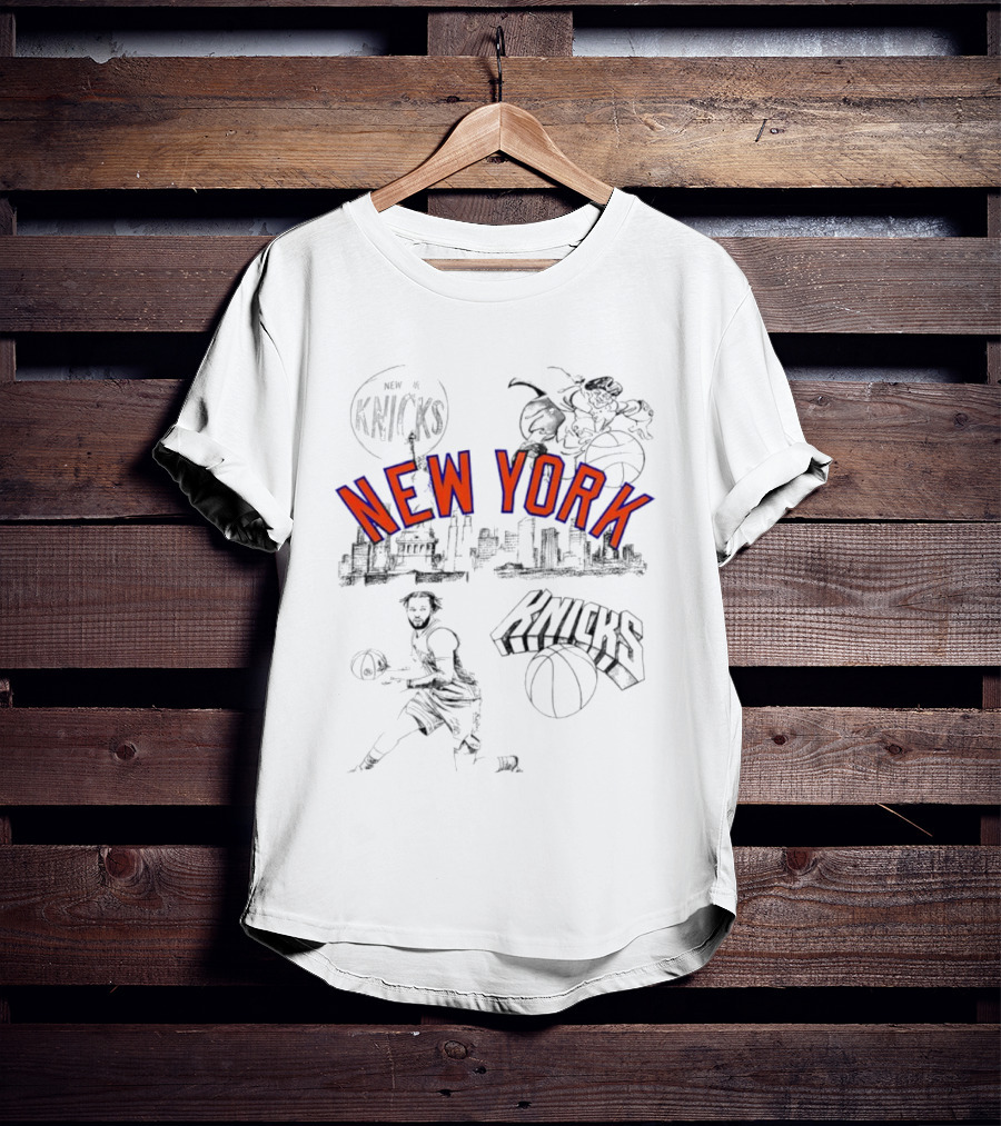 New York Knicks Skyline Basketball Player Graphic Cityscape Iconic Landmarks T-Shirt