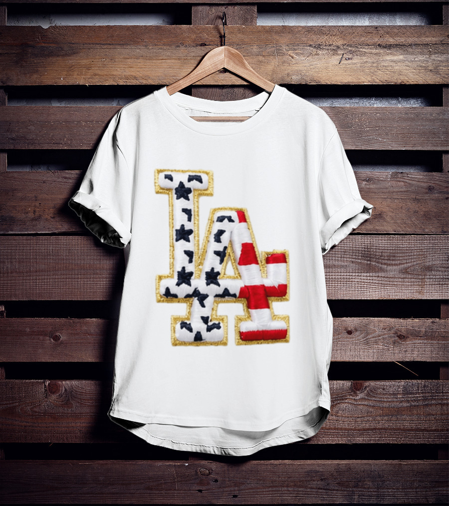 Dodgers LA 250th Anniversary Stars And Stripes Gold Trim Patch T-Shirt