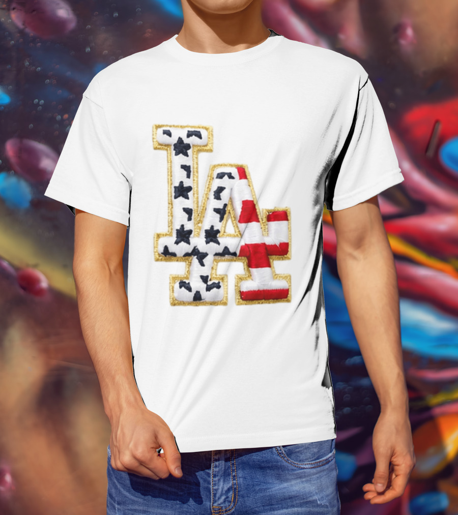 Dodgers LA 250th Anniversary Stars And Stripes Gold Trim Patch T-Shirt