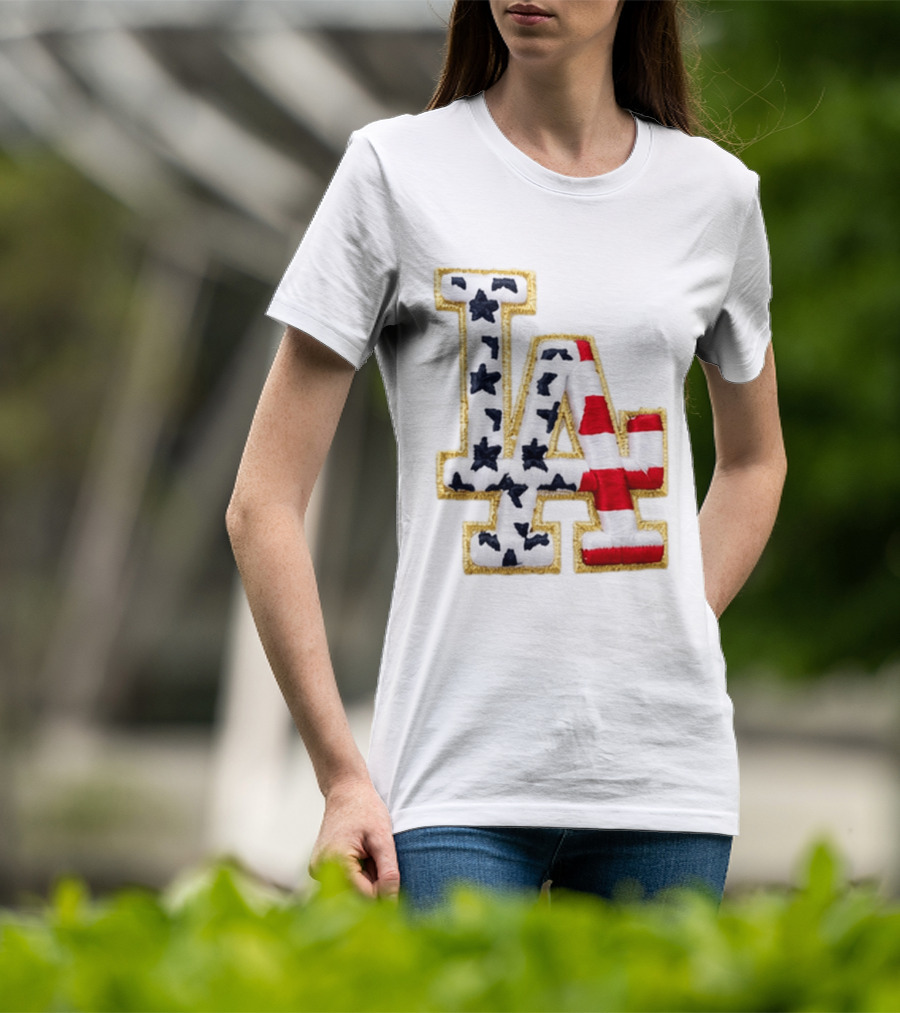 Dodgers LA 250th Anniversary Stars And Stripes Gold Trim Patch T-Shirt