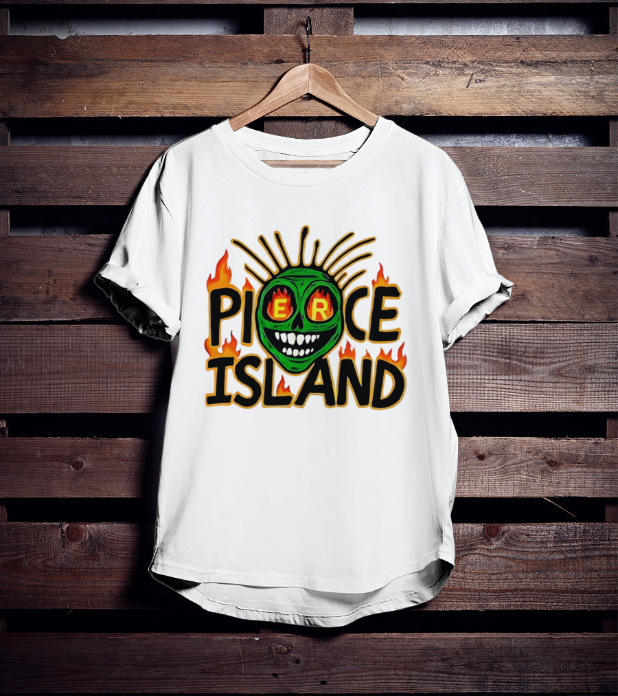 Pierce Island Green Skull Flames Spooky Island T-Shirt