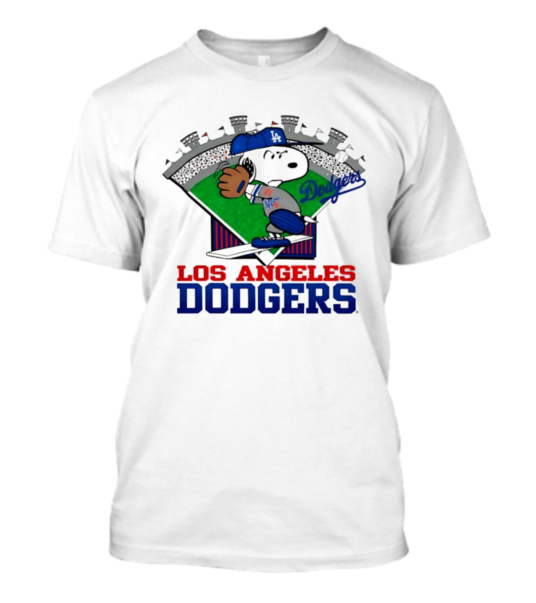 Los Angeles Dodgers Snoopy Peanuts Baseball Swing Stadium T-Shirt