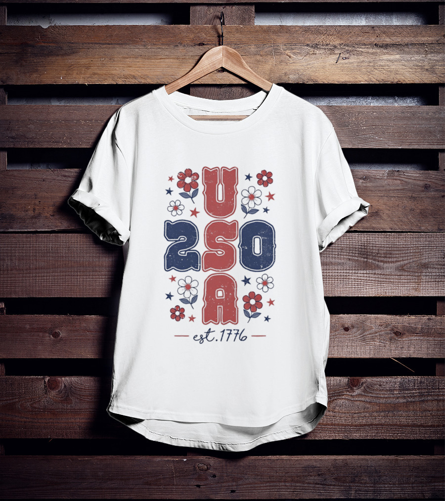 USA 250 Est 1776 American Patriotic Floral Stars Independence Day T-Shirt