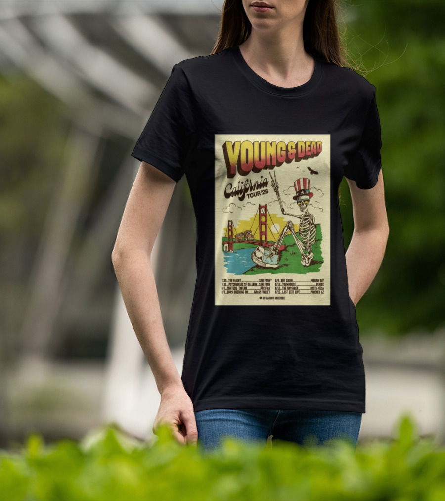 Young And Dead California Tour 2026 Vintage Skeleton Golden Gate Bridge T-Shirt