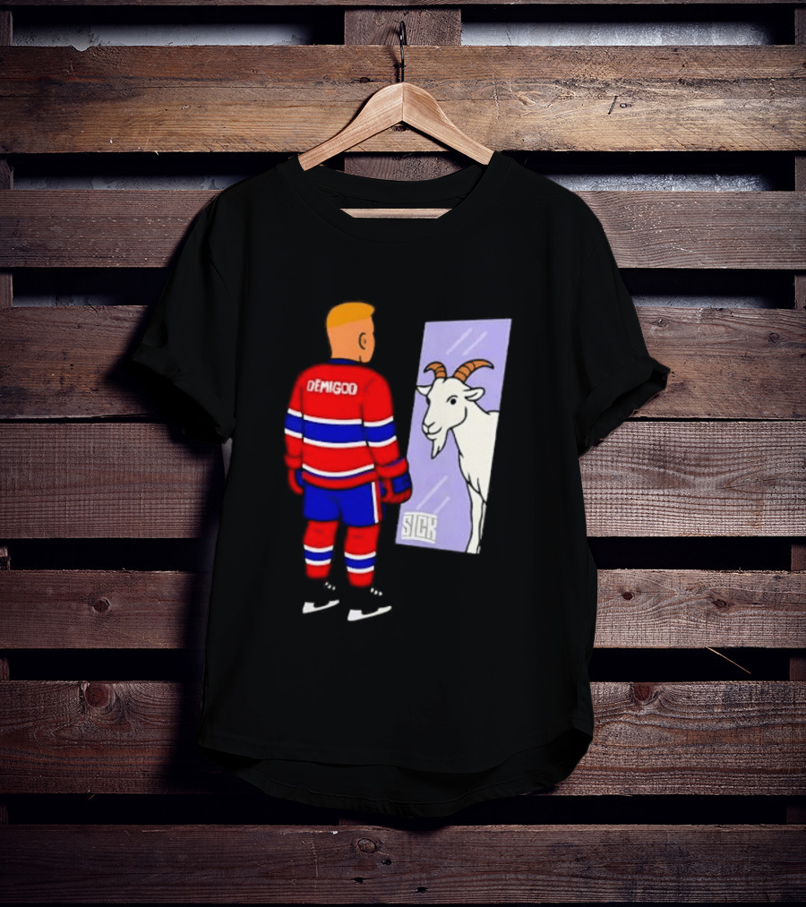 Demigod Hockey Player Looking In Mirror With Goat Reflection T-Shirt
