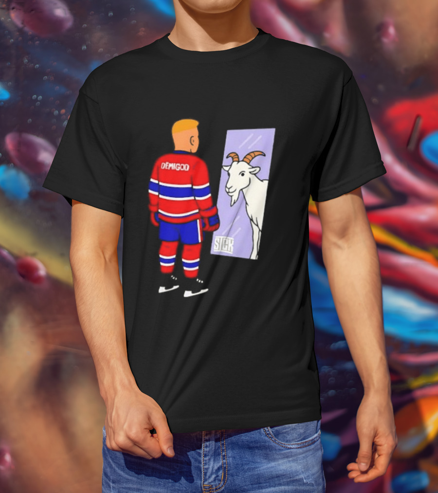 Demigod Hockey Player Looking In Mirror With Goat Reflection T-Shirt