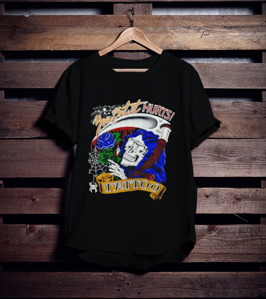 You Bet It Hurts Skeleton Rose Tattoo Spider Web T-Shirt