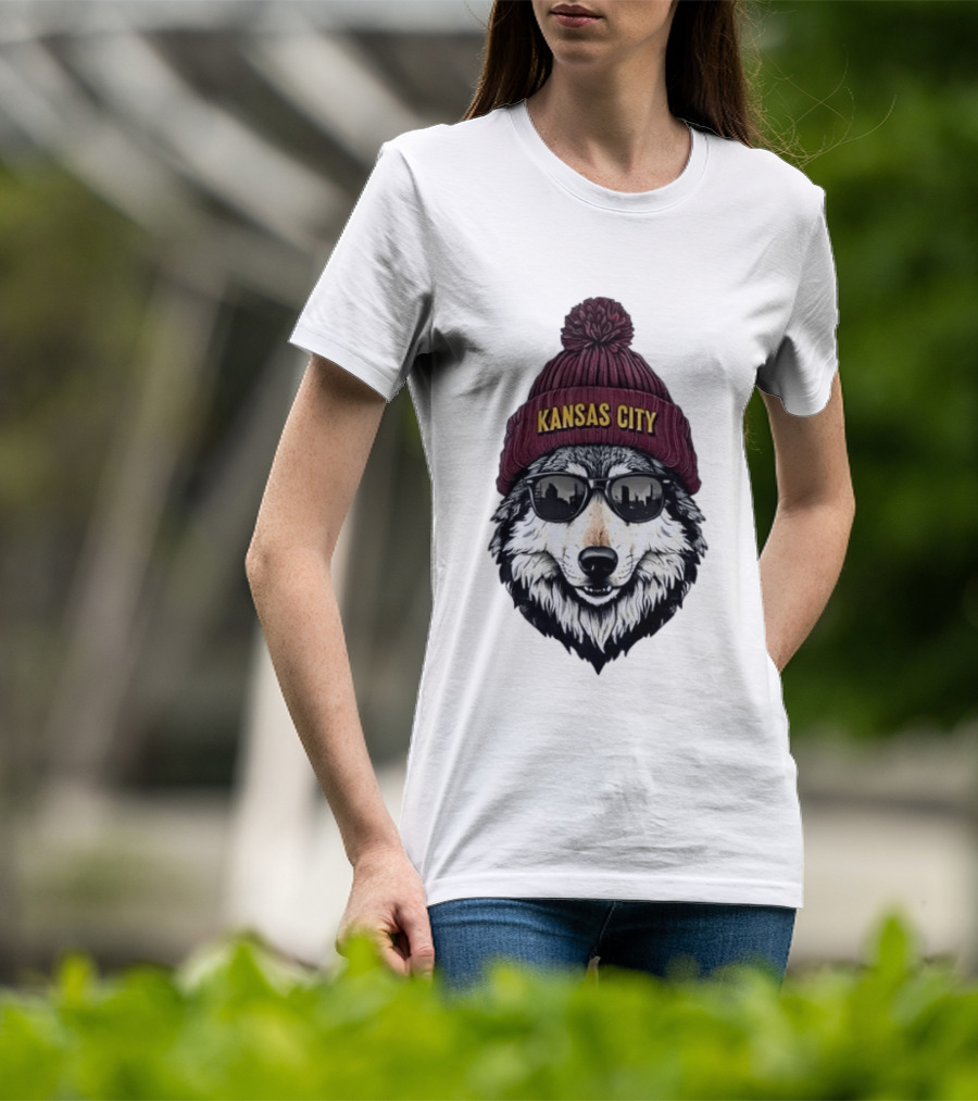 Kansas City Wolf Beanie Sunglasses Cityscape T-Shirt