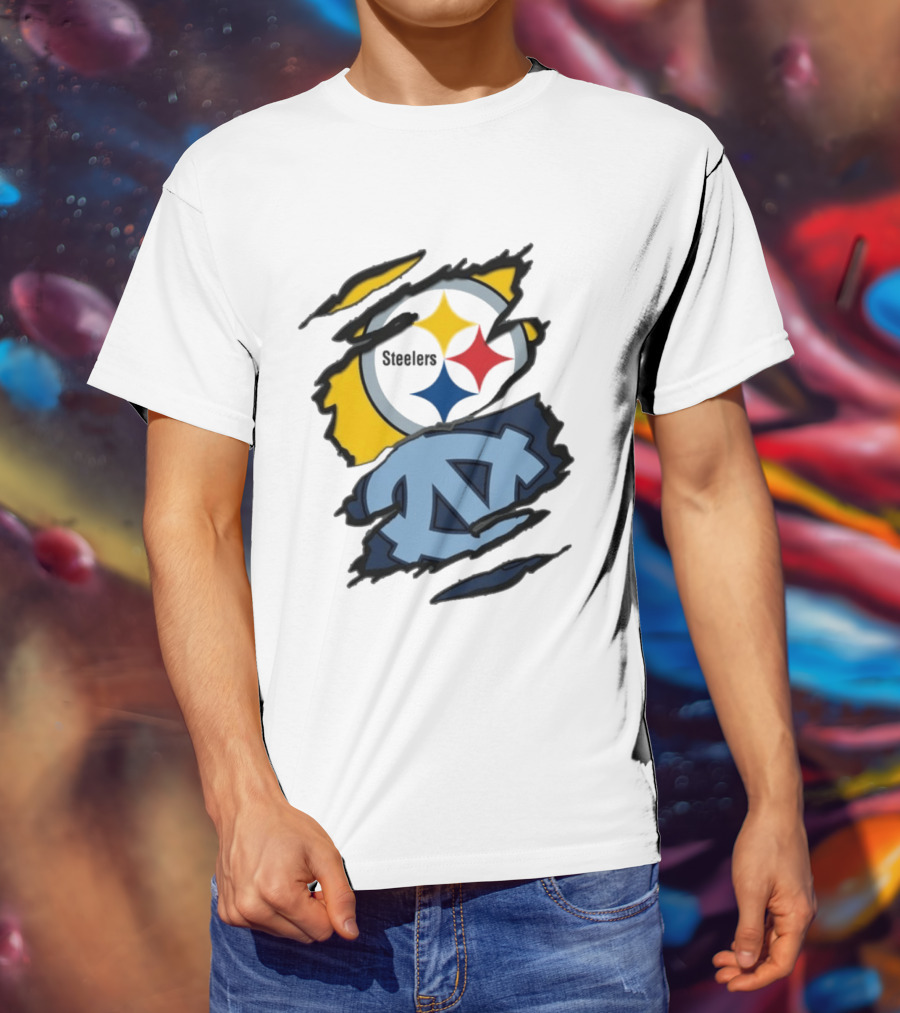 Pittsburgh Steelers UNC Tar Heels Ripped Metal Effect Logo Fusion T-Shirt