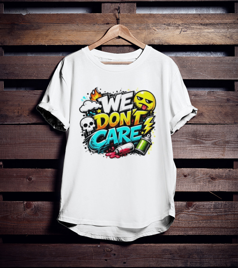 We Don't Care Graffiti Emojis Fire Cloud Lightning Skull T-Shirt