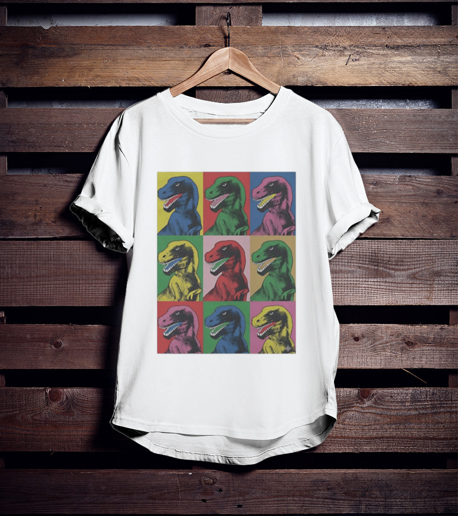 T Rex Pop Dinosaur Multi Colored Grid Prehistoric Reptile Andy Warhol T-Shirt