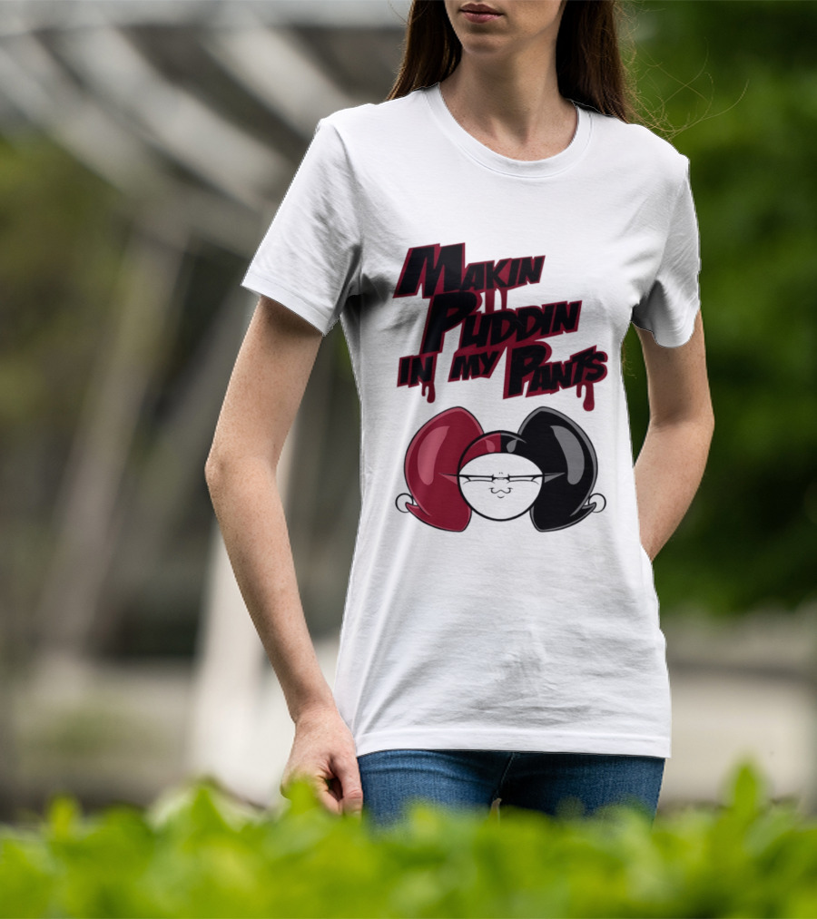Makin' Puddin' In My Pants Harley Quinn Cartoon Red And Black Pigtails T-Shirt