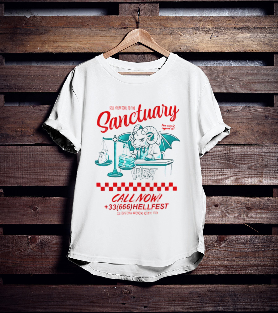 Hellfest Sanctuary Sell Your Soul Gargoyle Call Now 33 666 T-Shirt