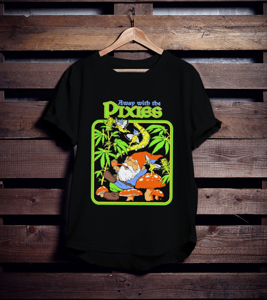 Away With The Pixies Gnome Smoking Cannabis Mushroom Fantasy Scene T-Shirt