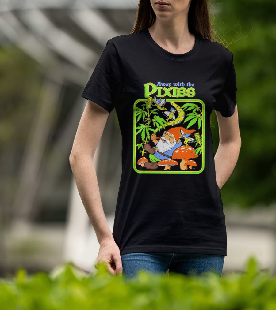 Away With The Pixies Gnome Smoking Cannabis Mushroom Fantasy Scene T-Shirt