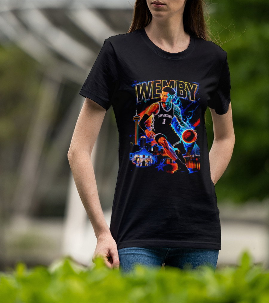 Wemby San Antonio Spurs Basketball Player Half Alien City Skyline T-Shirt
