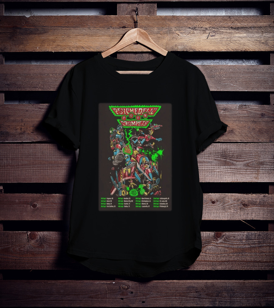 Psychedelic Porn Crumpets 2026 North America Tour With Neon Robot Graphics And Tour Dates T-Shirt