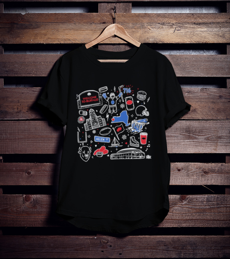 Welcome To Buffalo Doodles Allen St 716 Buffalo Wings Football Beer Pizza T-Shirt