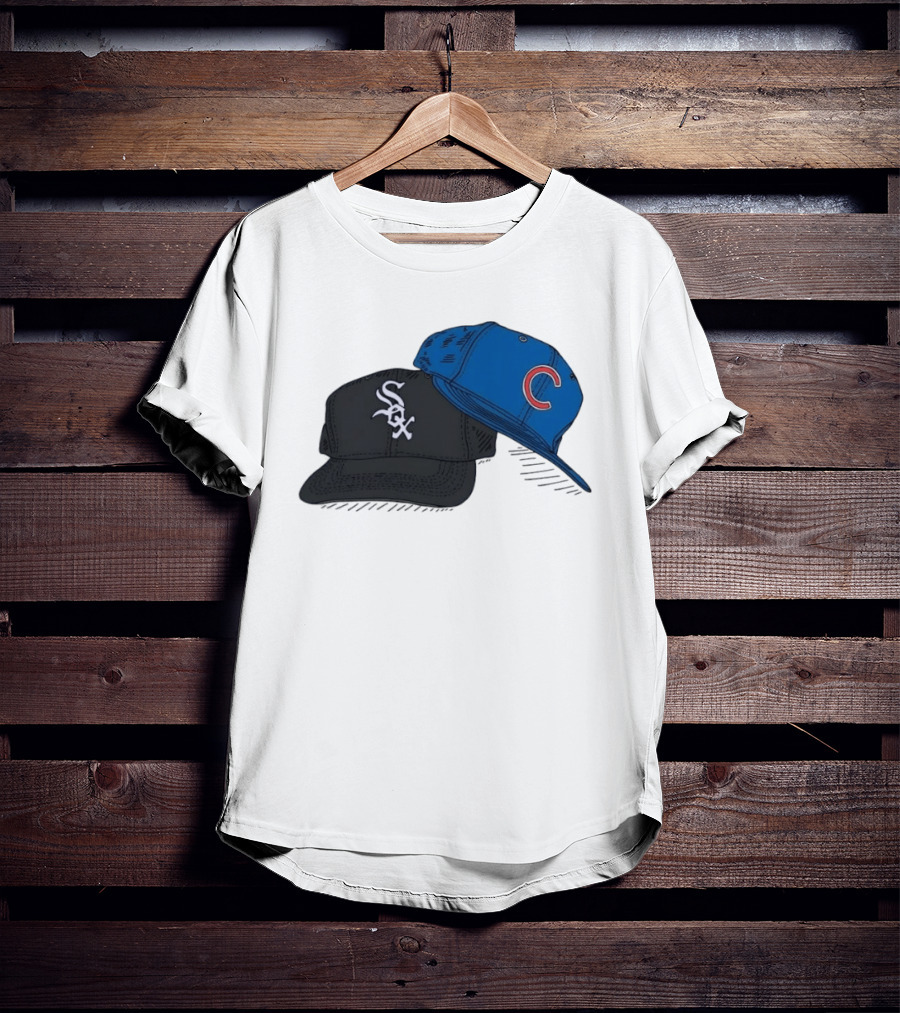 Chicago White Sox Black Hat And Chicago Cubs Blue Cap Baseball Fan Collection T-Shirt