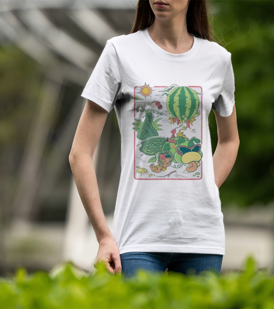 Pikmin Characters With Olimar Carrying Watermelon In Game Series T-Shirt