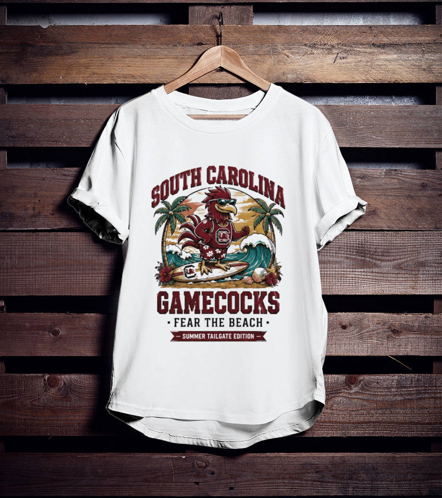 South Carolina Gamecocks Fear The Beach Summer Tailgate Edition Surfing Chicken Palm Trees Wave T-Shirt