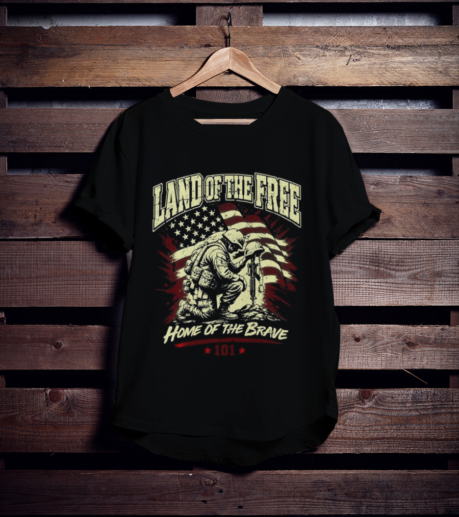Land Of The Free Home Of The Brave Soldier 101 Patriotic American Flag T-Shirt