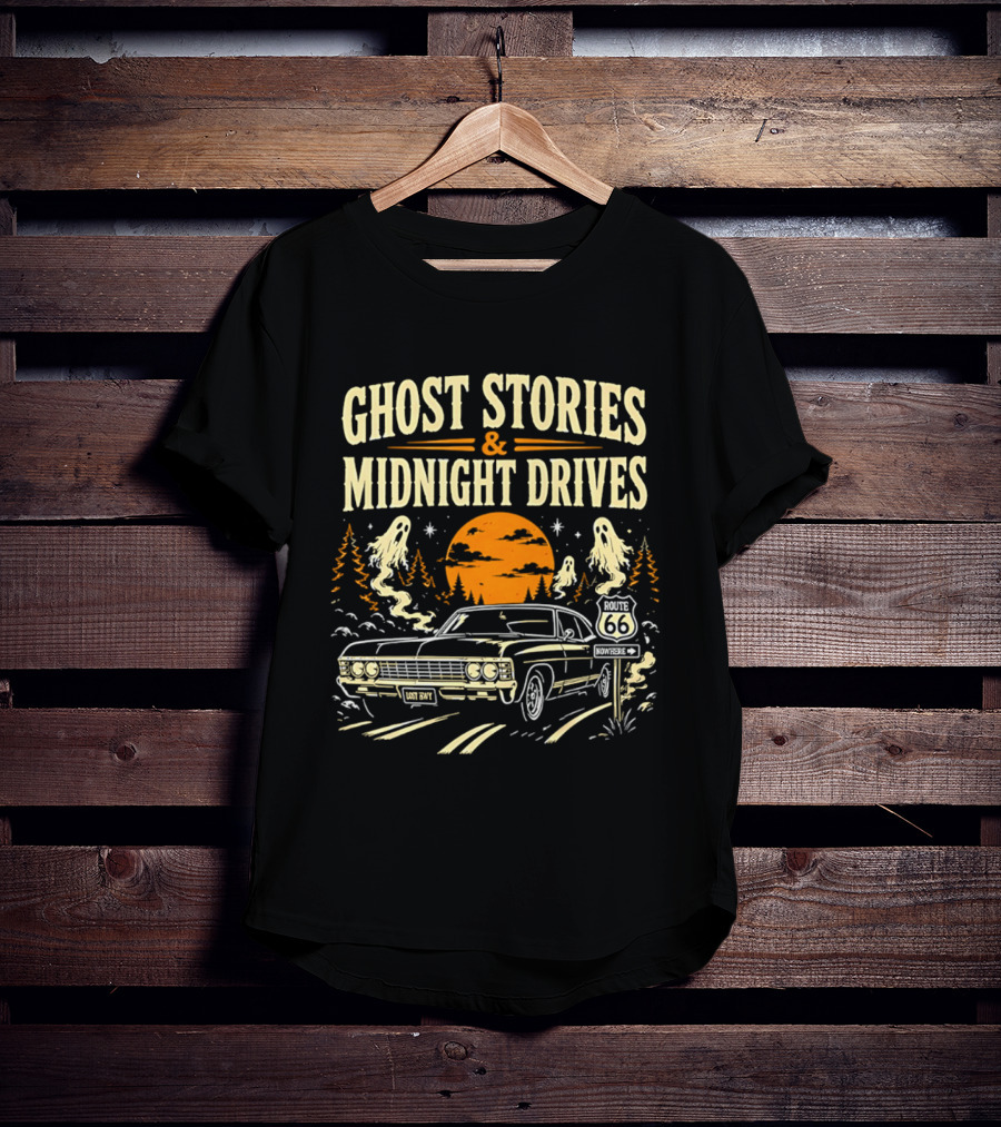 Ghost Stories Midnight Drives Route 66 Vintage Car Halloween Scene T-Shirt