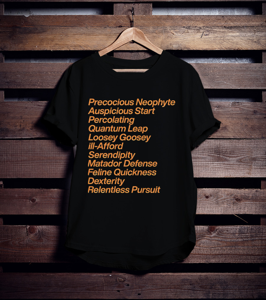 Precocious Neophyte Auspicious Start Serendipity Quantum Leap Matador Defense Relentless Pursuit T-Shirt