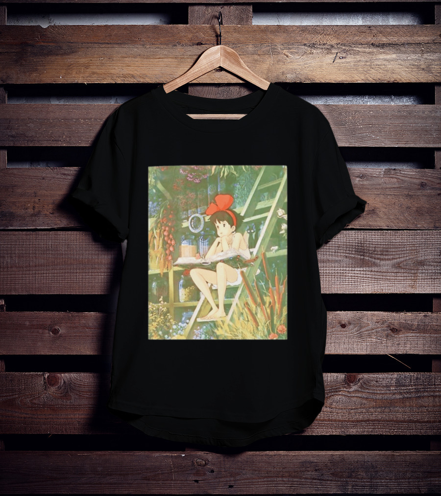 Kiki's Delivery Service Magic Book Cat And Botanical Greenhouse Scene T-Shirt
