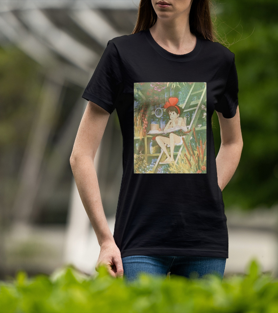 Kiki's Delivery Service Magic Book Cat And Botanical Greenhouse Scene T-Shirt