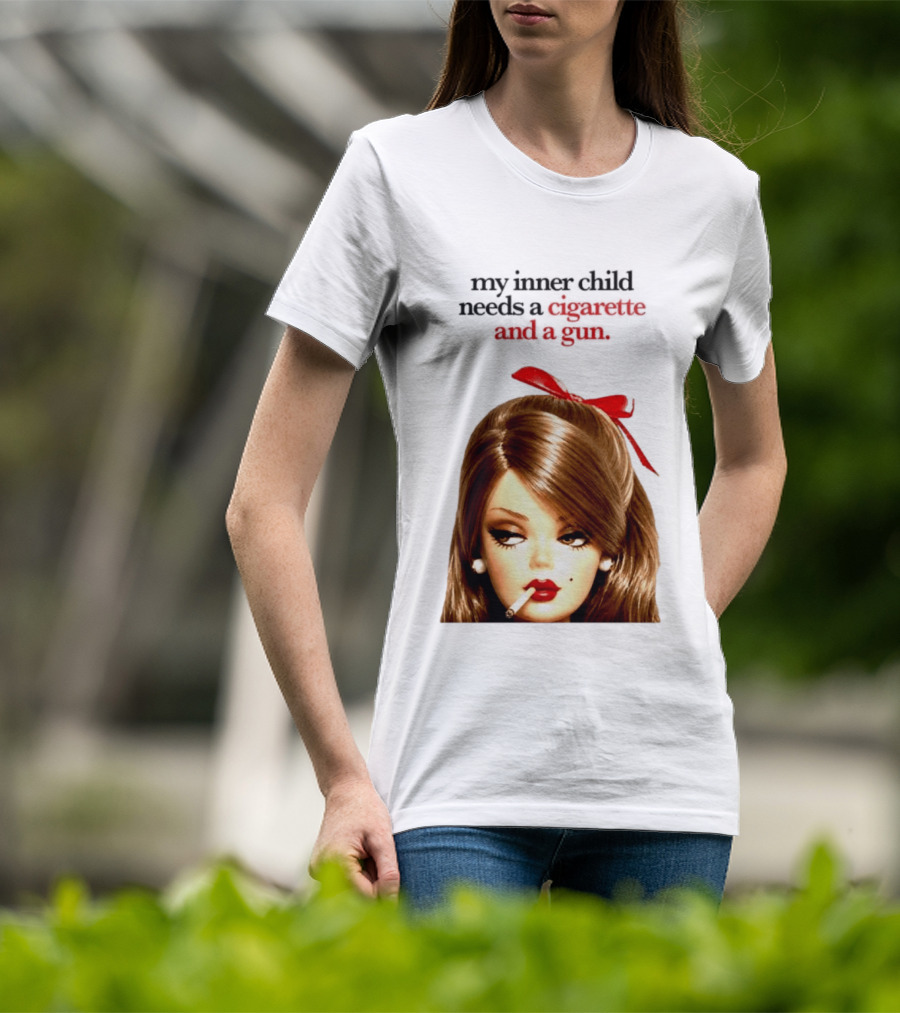 My Inner Child Needs A Cigarette And A Gun Doll Face Red Bow T-Shirt