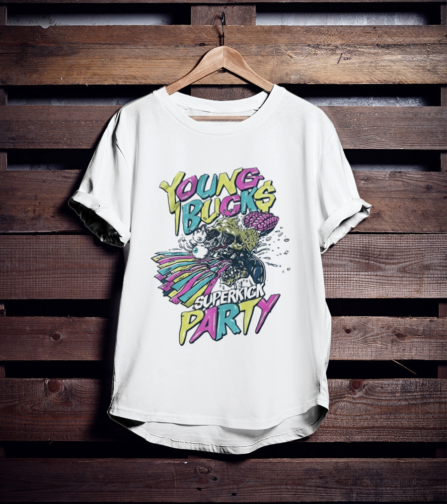 Young Bucks Superkick Party Skull Brain Eyeballs Colorful Explosion T-Shirt