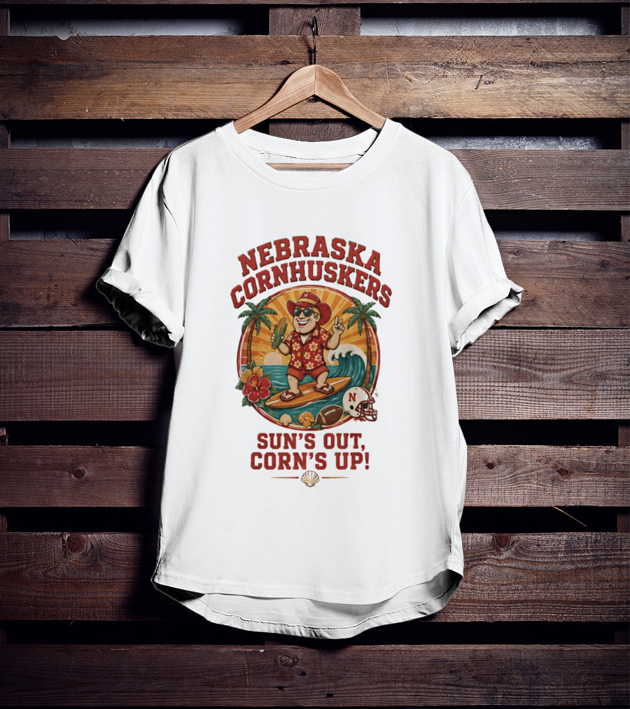 Nebraska Cornhuskers Sun's Out Corn's Up Tropical Surfing Football Fun T-Shirt