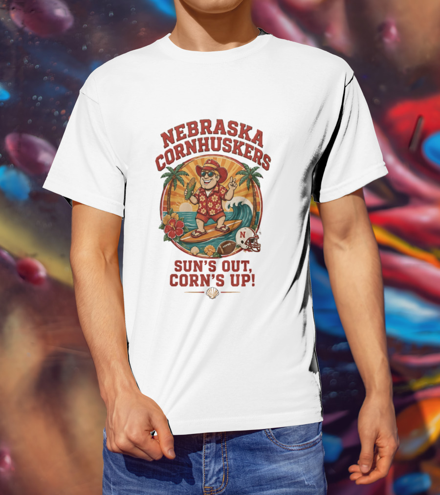 Nebraska Cornhuskers Sun's Out Corn's Up Tropical Surfing Football Fun T-Shirt