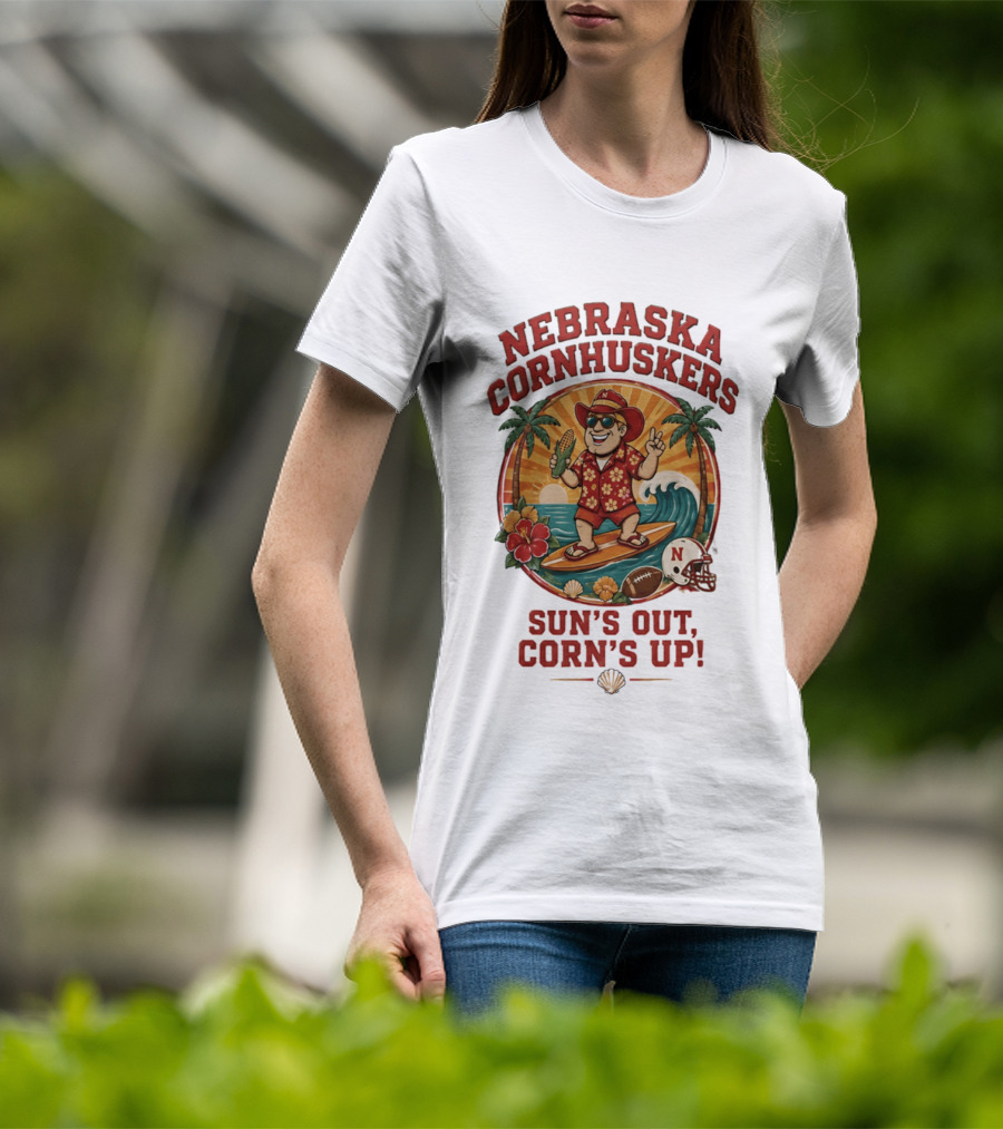 Nebraska Cornhuskers Sun's Out Corn's Up Tropical Surfing Football Fun T-Shirt