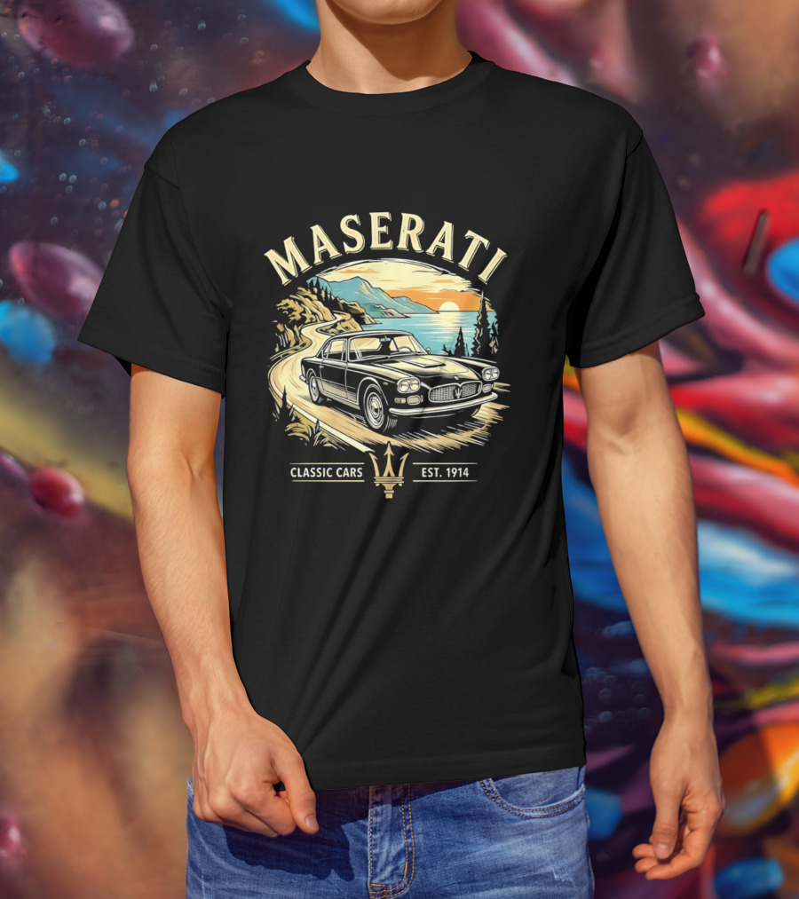 Maserati Classic Cars Est 1914 Vintage Sunset Road Scene T-Shirt