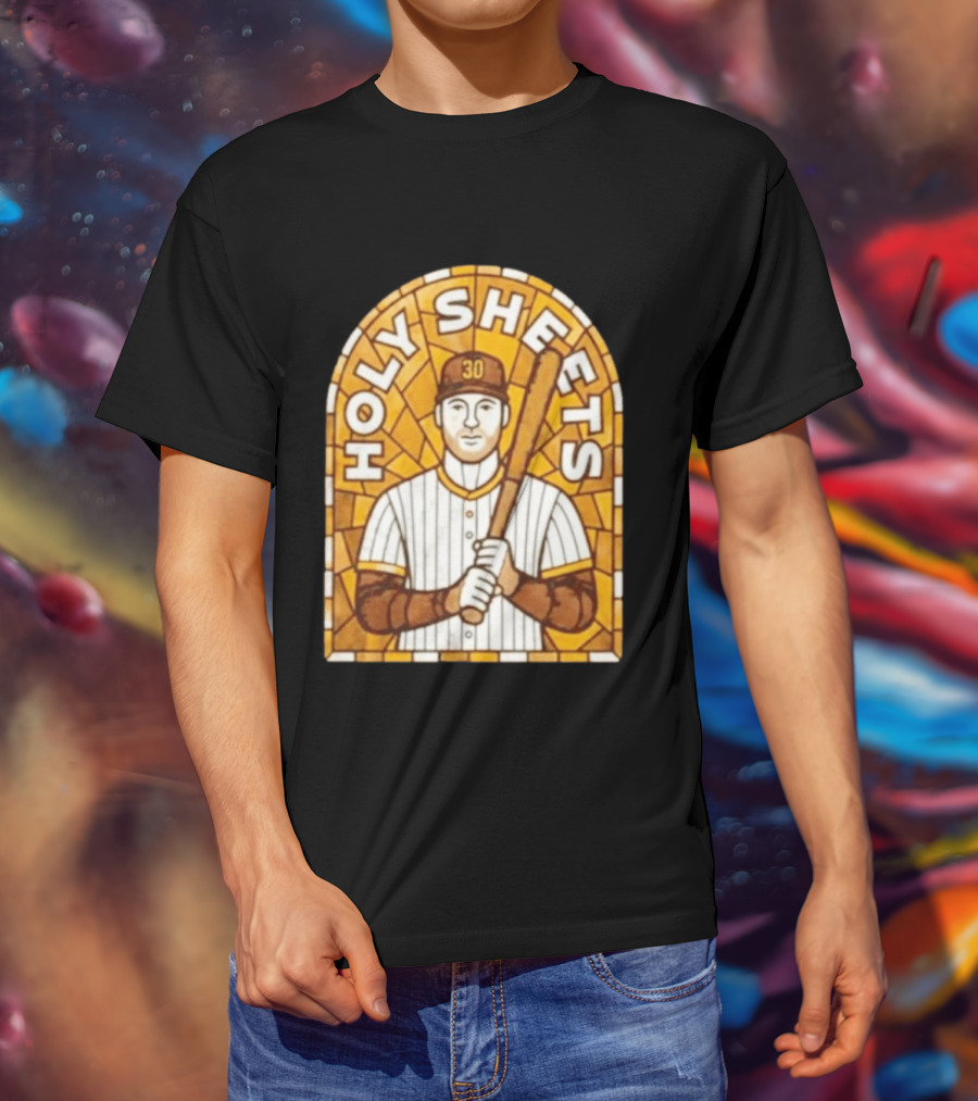 Holy Sheets Baseball Player Holding Bat 30 Stained Glass T-Shirt