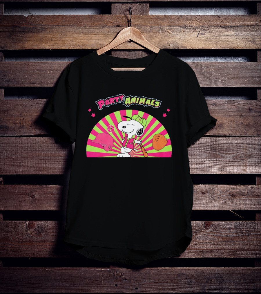 Snoopy Party Animals Baseball Glove Bat Cap Neon Stars T-Shirt