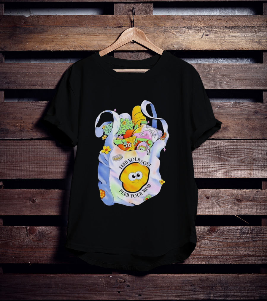 Feed Your Soul Feed Your Mind Bag With Groceries And Cartoon Face T-Shirt