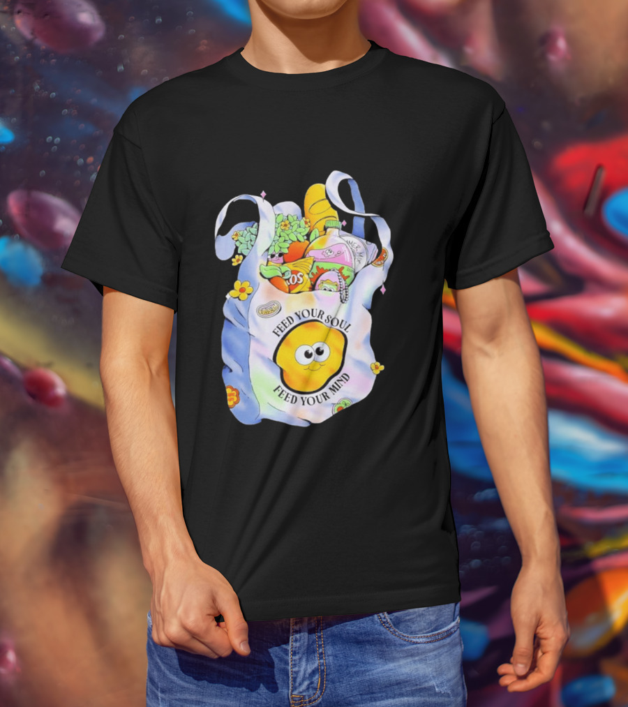 Feed Your Soul Feed Your Mind Bag With Groceries And Cartoon Face T-Shirt
