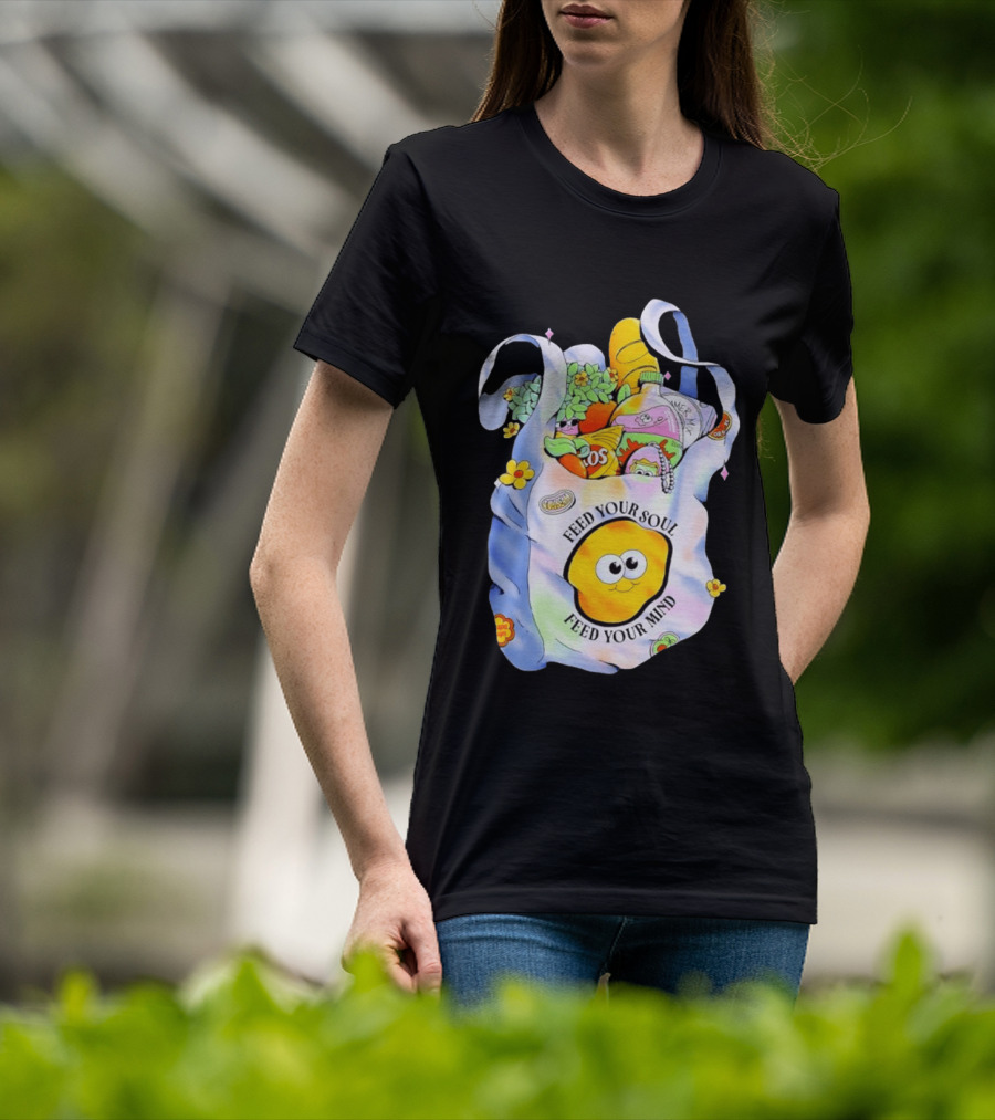 Feed Your Soul Feed Your Mind Bag With Groceries And Cartoon Face T-Shirt