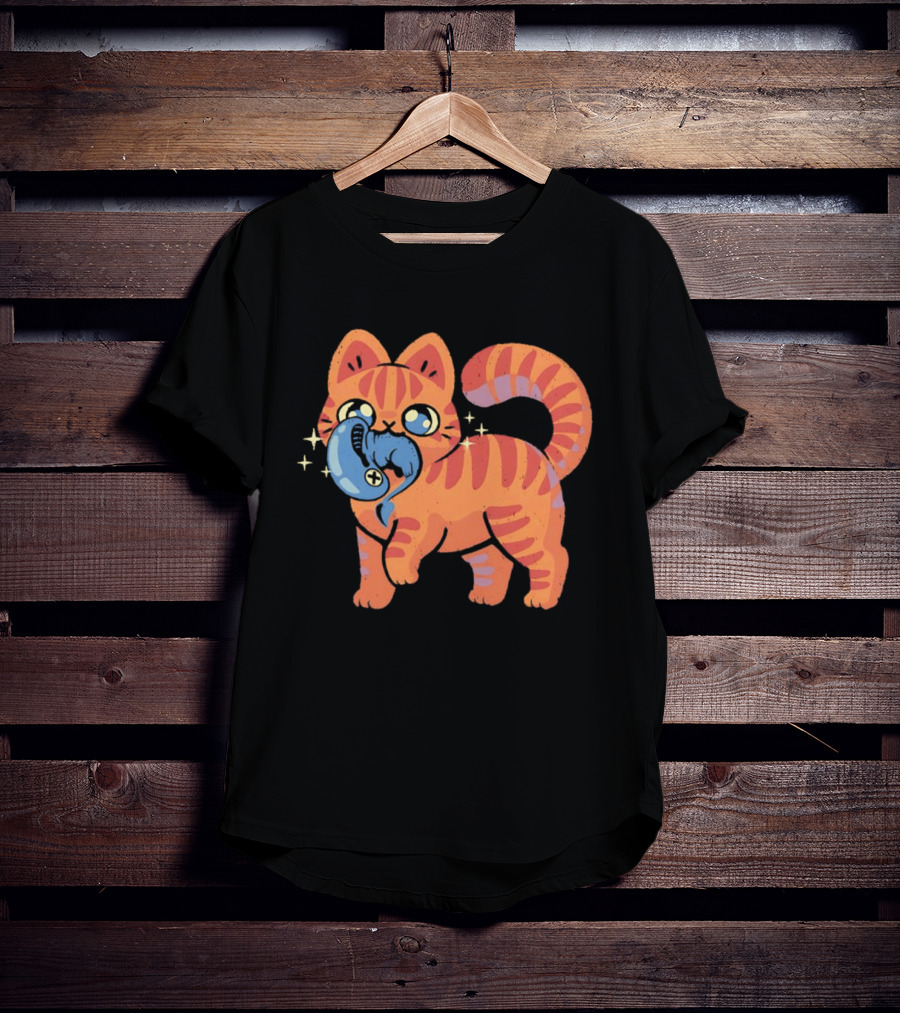 Orange Tabby Cat With Sparkles And Blue Alien Creature T-Shirt
